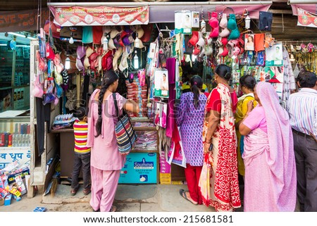 New Delhi, India - October 6 2013: Women shop for underwear in the streets of New Delhi