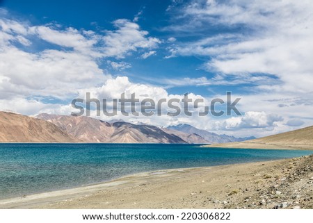 Stunning Pangong lake in Ladakh, India. The lake shares a border with Tibet in China.