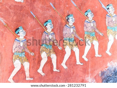 Phnom Penh, Cambodia - January 14 2015: Mural paintings decorate the interior of the surrounding wall of the Royal Palace in Phnom Penh. They mostly describe wars and palace life.