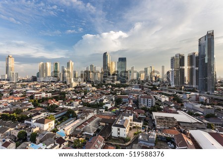 Sunset over Jakarta skyline business district in Indonesia capital city.