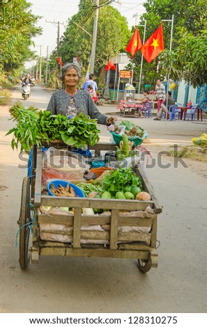 CHAU DOC, VIETNAM - JANUARY 3:  unidentified elderly seller of fresh vegetables pushes her trailer with merchandise on January 3, 2013 in Chau Doc, Vietnam