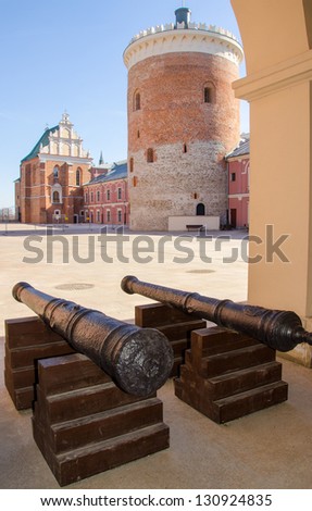 Lublin, Poland - old town: royal castle, Holy Trinity Chapel , Castle Tower and cannons