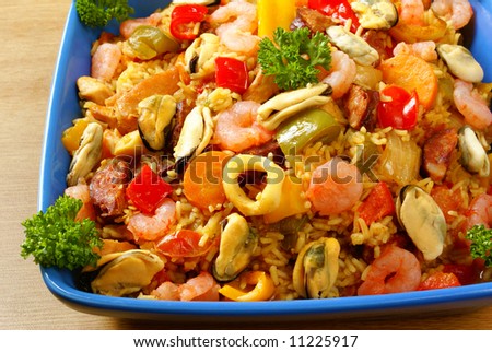 Paella with seafood, chicken and chorizo