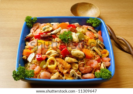 Seafood, chicken and chorizo paella