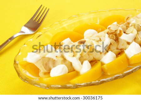 Crepe with peach, whipped cream  and roasted almonds