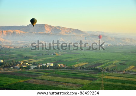 Balloons above Luxor, Egypt, at dawn