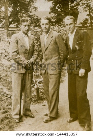 CZESTOCHOWA, POLAND, CIRCA 1934- vintage photo of three men in suits outdoor, Czestochowa, Poland circa 1934