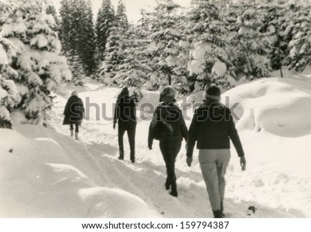 Vintage photo of people walking in snowny forest, fifties