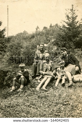 ANIELIN, POLAND, CIRCA FIFTIES: vintage photo of big family outdoor, Anielin, Poland, circa fifties