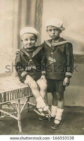 LUBLIN, POLAND, CIRCA 1920s - Vintage photo of two brothers in sailor outfits,  Lublin, Poland, circa 1920s