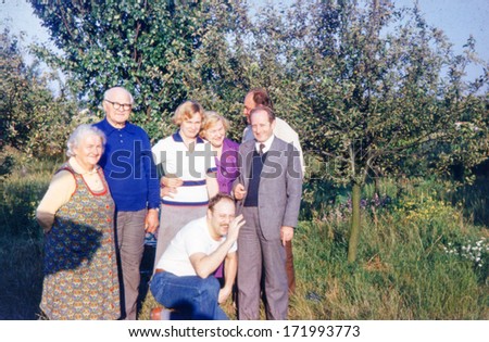ANIELIN,,POLAND, CIRCA 1970s - Vintage photo (scanned reversal film) of multigenerational family outdoor