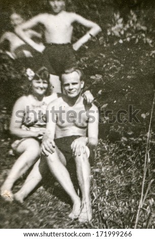 BIELSKO, POLAND, CIRCA 1940s - vintage photo of happy family outdoor