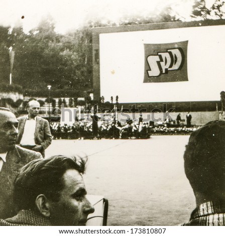 GERMANY, CIRCA FIFTIES - Vintage photo of people participating in Social Democratic Party of Germany meeting outdoor