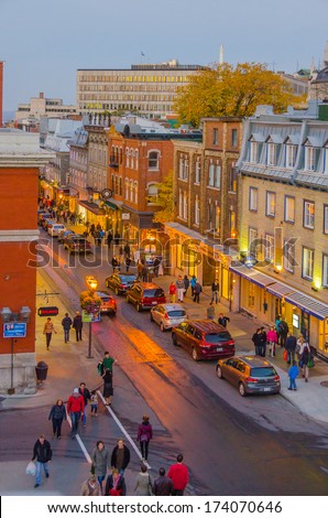 QUEBEC CITY, CANADA, OCTOBER 13, 2013 - evening view of Saint Jean street from walls