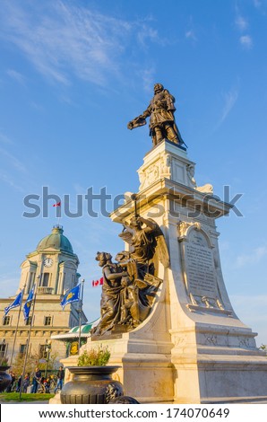 QUEBEC CITY, CANADA, OCTOBER 13, 2013 - Monument Samuel de Champlain. One of Quebec City\'s most spectacular landmarks, this monument honors Samuel Champlain, who founded the city in 1608.