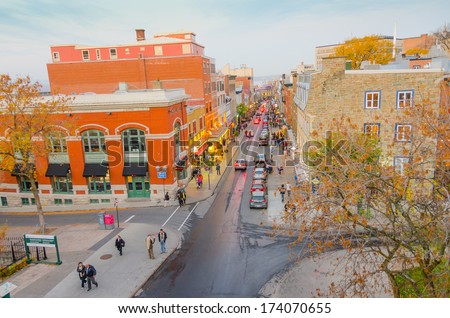 QUEBEC CITY, CANADA, OCTOBER 13, 2013 - evening view of Saint Jean street from walls