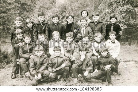 POLAND, CIRCA 1980\'s: Vintage photo of group of  boys posing together  during a summer camp