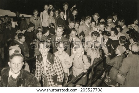 JUIST, GERMANY, CIRCA FIFTIES - Vintage photo of group of children during a school trip