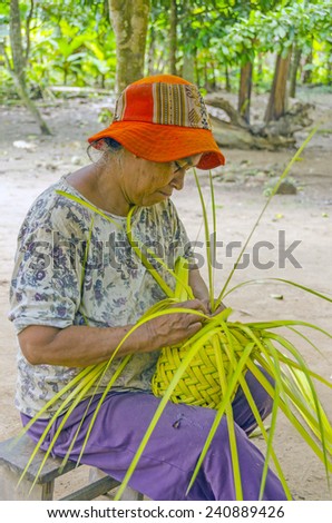 SAN MIGUEL DEL BALA, BOLIVIA, MAY 11, 2014: Local woman shows how to make a fan from palm leaves