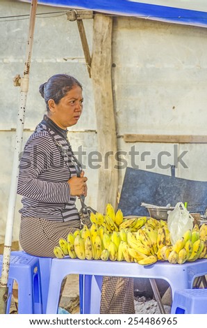 SIEM REAP, THAILAND, DECEMBER 28, 2013:  Local woman sells bananas in street stand