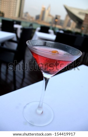 A cosmopolitan cocktail at a rooftop restaurant in Shanghai, China