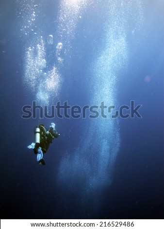 DAHAB, EGYPT - June 26, 2014: A photographer takes shots of Ahmed Gabr\'s bubbles during his 220 m dive descent prior to his deepest scuba dive world record attempt