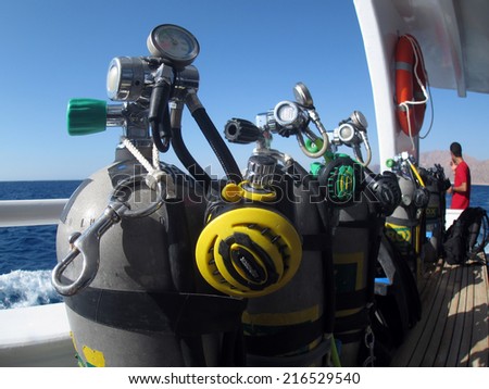 DAHAB, EGYPT - August 08, 2014: Decompression stages lining the boat during a training dive prior to Ahmed Gabr\'s deepest scuba dive world record attempt