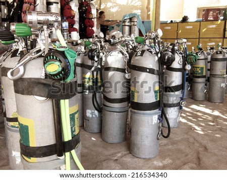 DAHAB, EGYPT - June 26, 1014: Cylinders prepared for Ahmed Gabr\'s 220 m training dive prior to his deepest scuba dive world record attempt in September 2014
