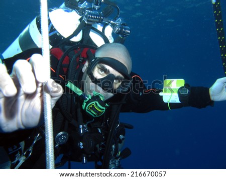 DAHAB, EGYPT - May 30, 1014: Ahmed Gabr on the decompression ladder during a 200 m training dive prior to his deepest scuba dive world record attempt in September 2014