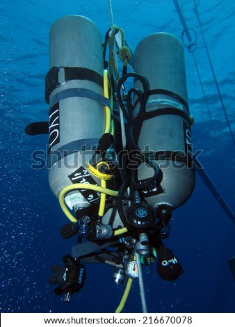 DAHAB, EGYPT - May 30, 1014: Decompression stages waiting on the deco ladder during one of Ahmed Gabr\'s 200 m training dive prior to his deepest scuba dive world record attempt in September 2014
