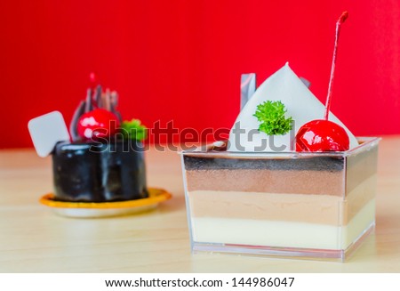 Vanilla , Chocolate , Coffee layer cake with cherry on top&colorful background