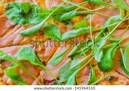 Focus on Pizza smoke salmon (Bird eye view)