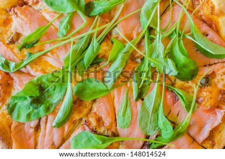 Focus on Pizza smoke salmon (Bird eye view)