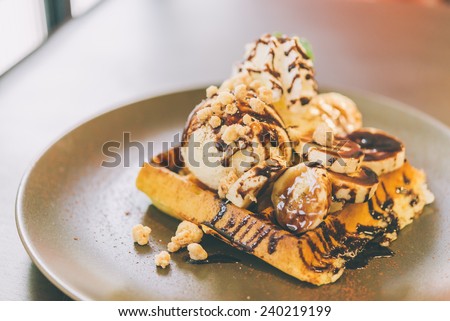 Banana waffle with ice cream on top - processing vintage effect style pictures