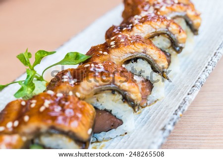eel sushi roll japanese food style - selective focus point