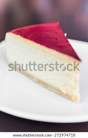 Strawberry cheese cakes in whtie plate - selective focus