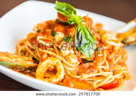 Spaghetti seafood with tomato sauce  , italian food