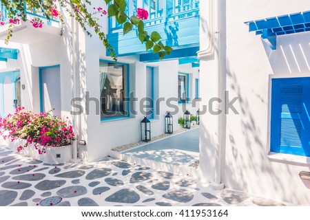 Beautiful Architecture building Exterior with santorini and greece style - Vintage light filter
