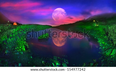 slopes Pop Ivan Maramorosh is a crystal clear lake. At dawn, we covered slopes around the green lantern light, achieving the unreal fairytale effect. Rising Moon turns Carpathian landscape in fantasy