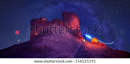 Winter camp for overnight atop Mount Chorna gives unforgettable memories and feeling fabulous, the bitter cold and beautiful sparkle stars in space over camping, mountain climbers, this is a fantasy