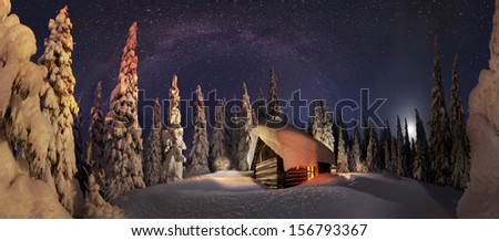 Climbing To Tourist Wild Alpine Mountain To An Abandoned Cabin-In Order To Illuminate The Snow-Covered Spruce Canopy During Moonrise, Moonset, To See The First Star Of Christmas In The Carpathians