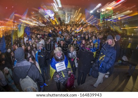 Kiev, Maidan, Ukraine- November 28, 2013: Cabinet Ministers  of President Yanukovych stop the process of European integration and to enter into alliance with Russian dictator Putin- massive protests