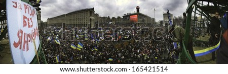 Kyiv, Ukraine, December 1, 2013: A peaceful demonstration to protest against the Party of Regions and Yanukovych on Independence, the view from the unfinished \