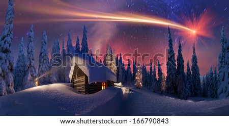 Climbing To Tourist Wild Alpine Mountain To An Abandoned Cabin-In Order To Illuminate The Snow-Covered Spruce Canopy During Moonrise, Moonset, To See The First Star Of Christmas In The Carpathians.
