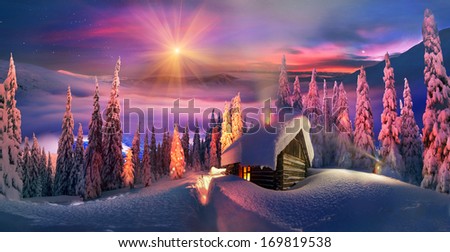 Climbing to tourist wild alpine mountain to an abandoned cabin - in order to illuminate the snow-covered spruce canopy during moonrise, moonset, to see the first star of Christmas in the Carpathians.
