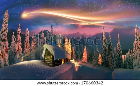 Climbing to tourist wild alpine mountain to an abandoned cabin-in order to illuminate the snow-covered spruce canopy during sunrise, sunset,  to see the first star of Christmas in the Carpathians.