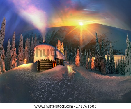 Climbing to tourist wild alpine mountain to an abandoned cabin-in order to illuminate the snow-covered spruce canopy during moonrise, moonset, to see the first star of Christmas in the Carpathians.