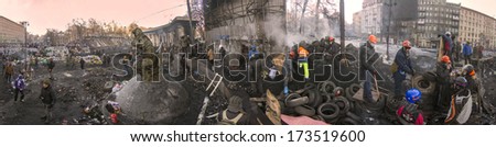 Kiev, Ukraine - January 20, 2014: The barricades on the street were built Hrushevskoho defenders of democracy to stop advance of the special forces remained loyal to President Yanukovych-squad Berkut