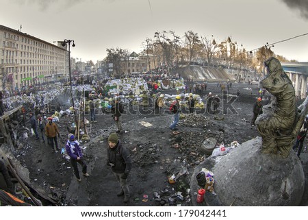 Kiev, Ukraine - January 26, 2014: The barricades on the street were built Hrushevskoho defenders of democracy to stop the advance of  special forces remained loyal to President Yanukovych-squad Berkut
