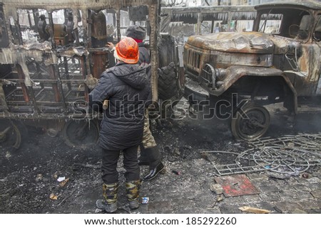 Kiev, Ukraine - January 20, 2014: The barricades on the street were built Hrushevskoho defenders of democracy to stop  advance of the special forces remained loyal to President Yanukovych-squad Berkut